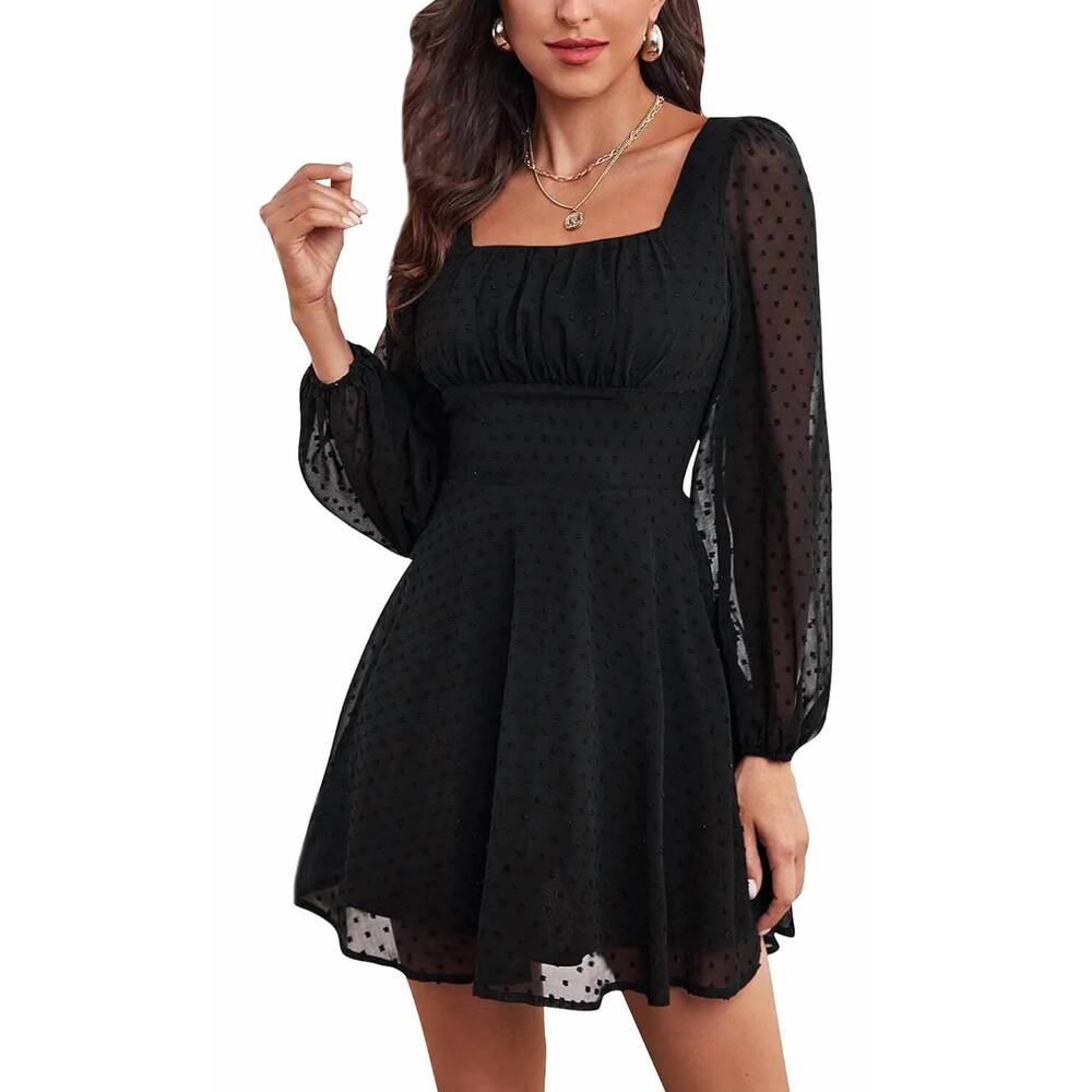 NEW LYANER swiss dot square sheer sleeve dress in black